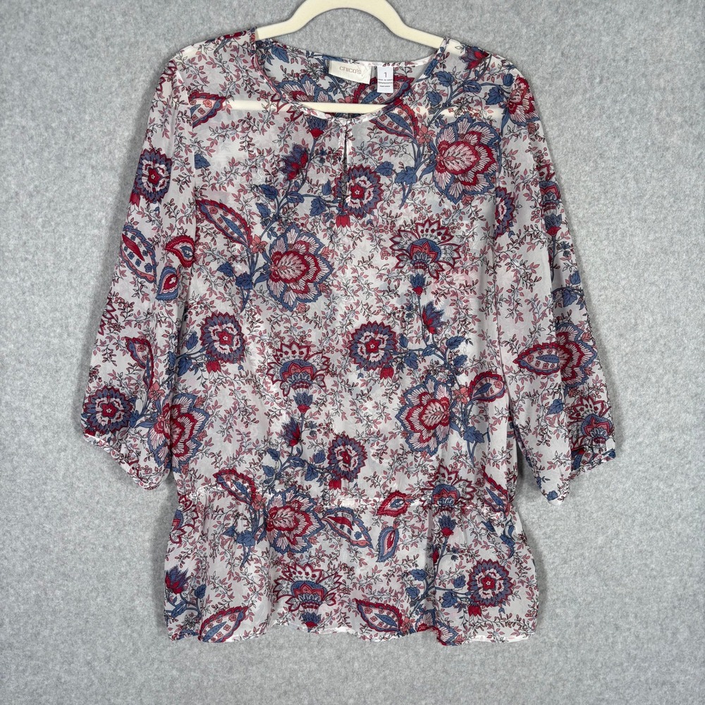 Chicos Sheer Paisley Babydoll Blouse Medium White Peplum Ruffle Cover Up Peasant